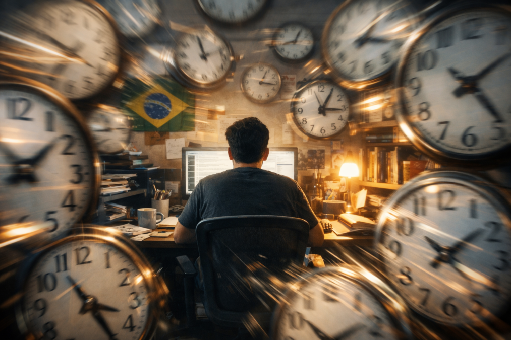 imagem simbolizando a sensação de horas intermináveis e os desafios do home office – gerada com apoio de I.A. 