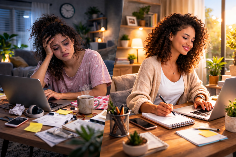 mulher trabalhando de pijama ou roupa de trabalho no home office simbolizando impacto no foco – imagem gerada com apoio de I.A.