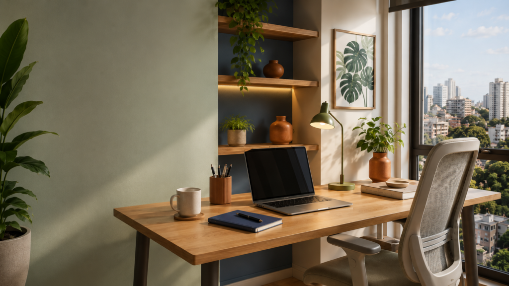 veja quais são os tons ideais pra montar o seu espaço home office | Créditos: Portal Vou De Home