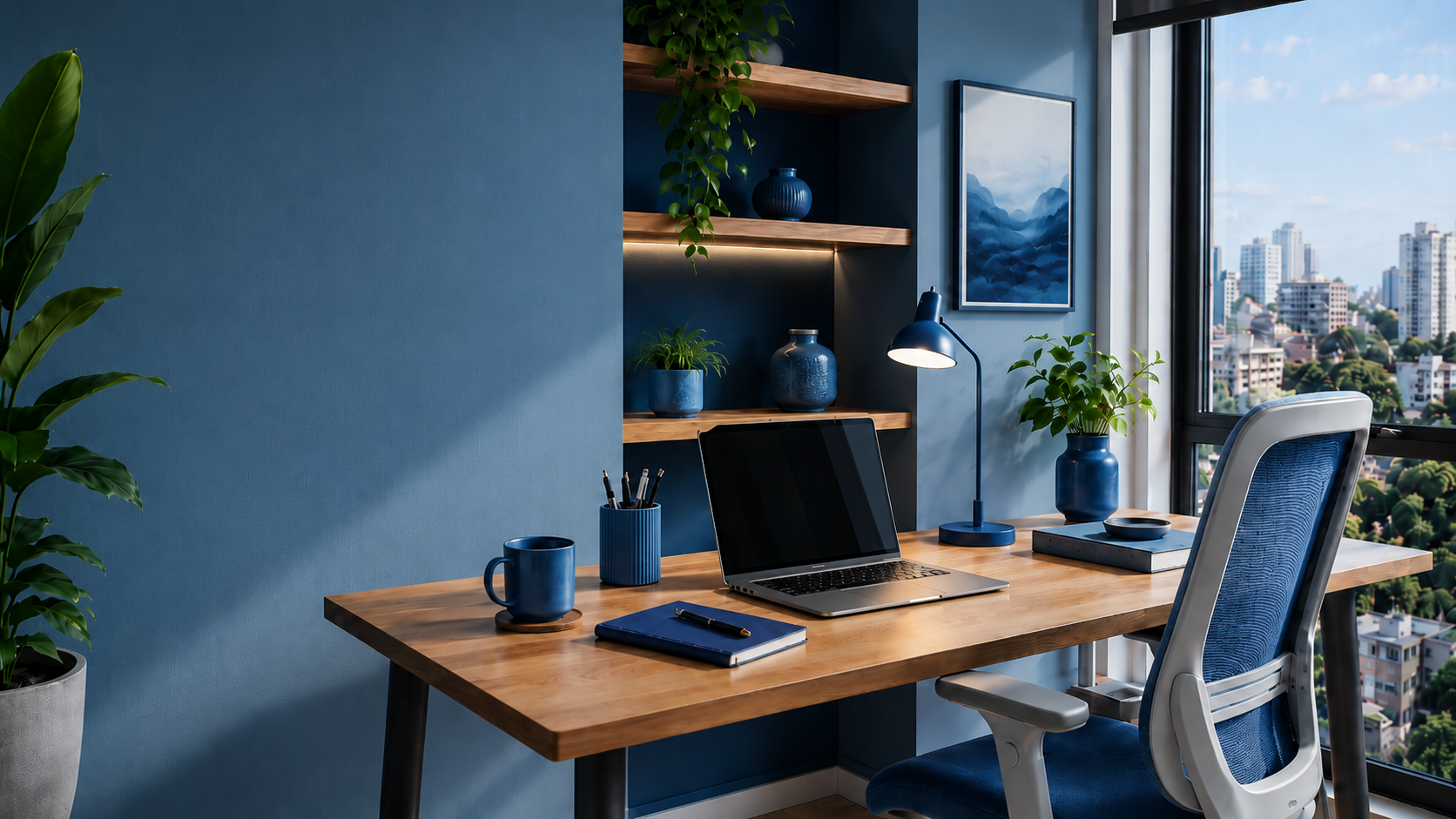 espaço home office na cor azul | Créditos: Portal Vou De Home