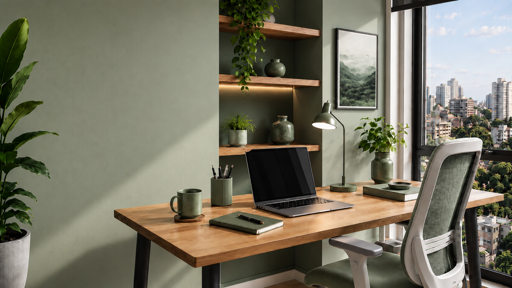 espaço home office na cor verde | Créditos: Portal Vou De Home