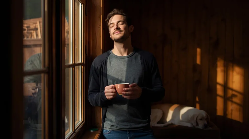 Homem relaxado tomando café