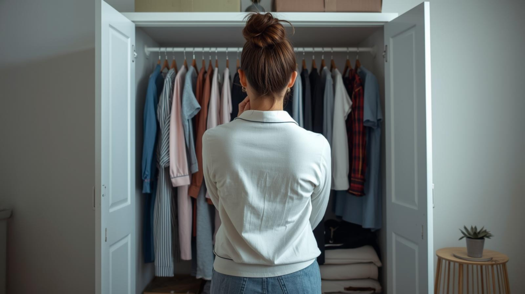 mulher escolhendo entre pijama ou roupa de trabalho no home office — imagem gerada com apoio de I.A.