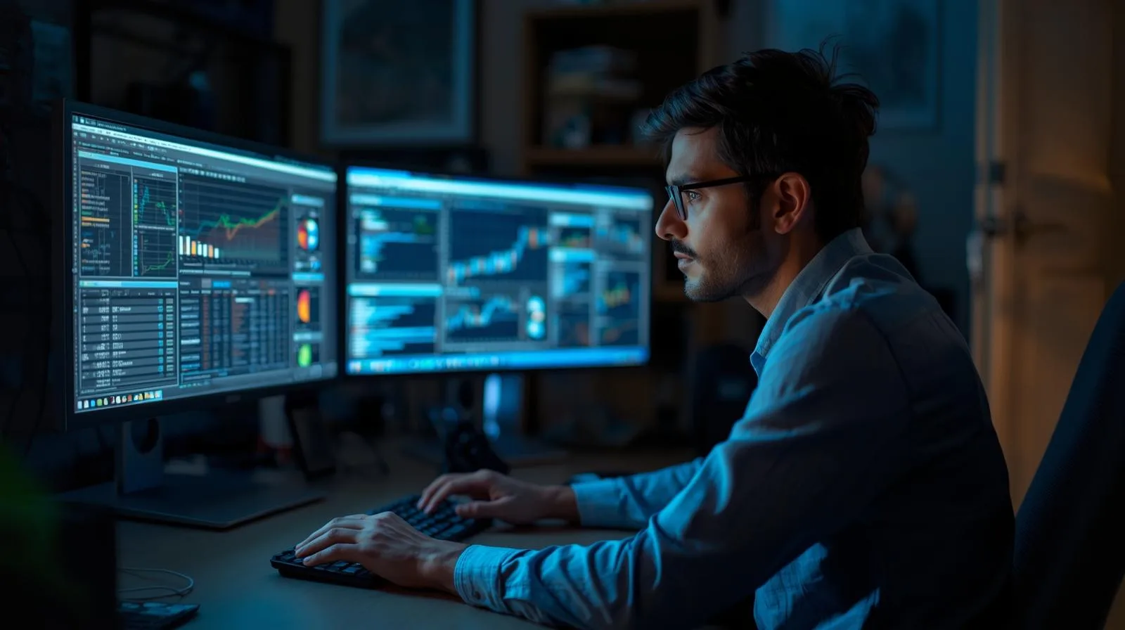 Analista de suprimentos trabalhando de casa com planilhas e dashboards abertos, representando o perfil técnico da vaga.