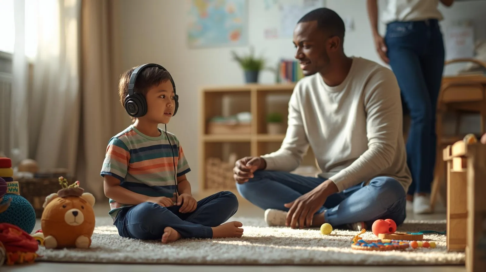 Criança usando fones de cancelamento de ruído.