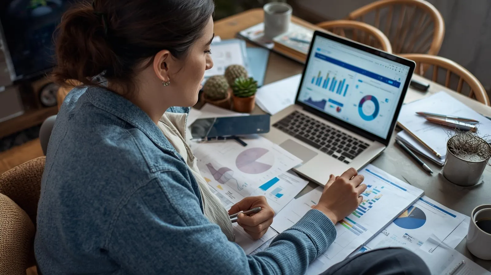 Empreendedora criando estratégias e estudando leads em seu escritório doméstico, ideal para representar vagas de perfil autônomo (PJ).