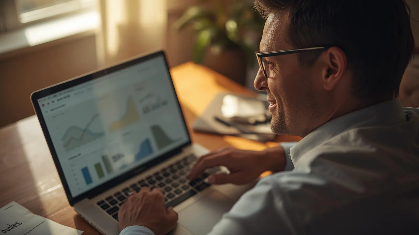 Homem em home office olhando para tela com dashboard limpo.