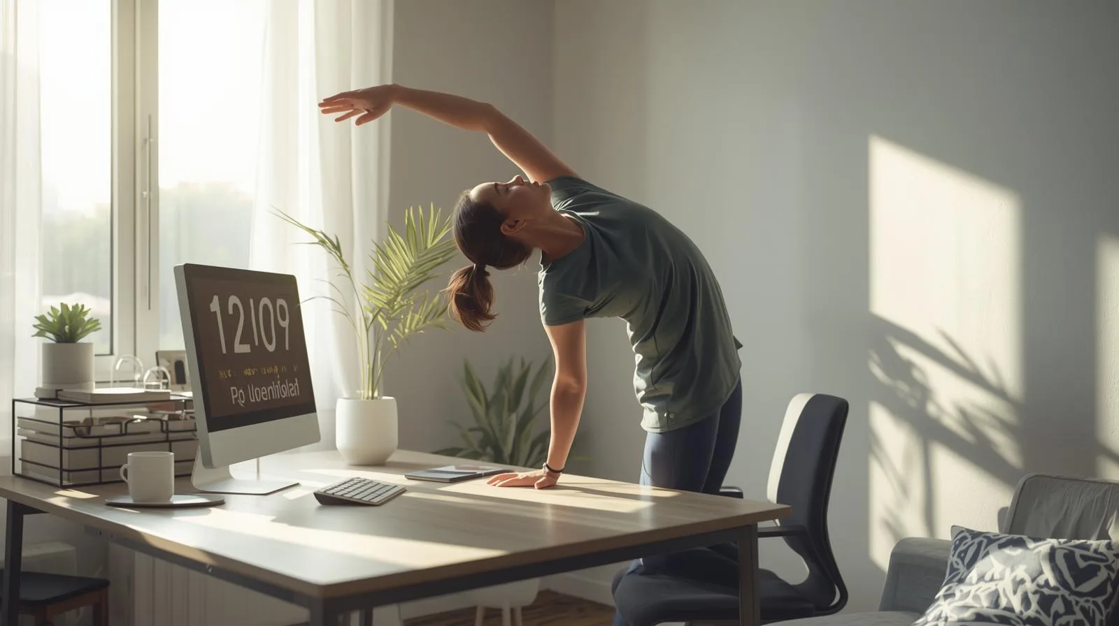 Jovem fazendo alongamento antes de iniciar jornada home office.
