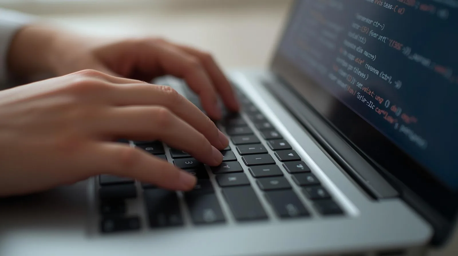 Trabalhador Home Office digitando em laptop com tecla Ctrl+S pressionada e tooltip em português aparecendo na tela_ “Salvar (Ctrl+S)”.