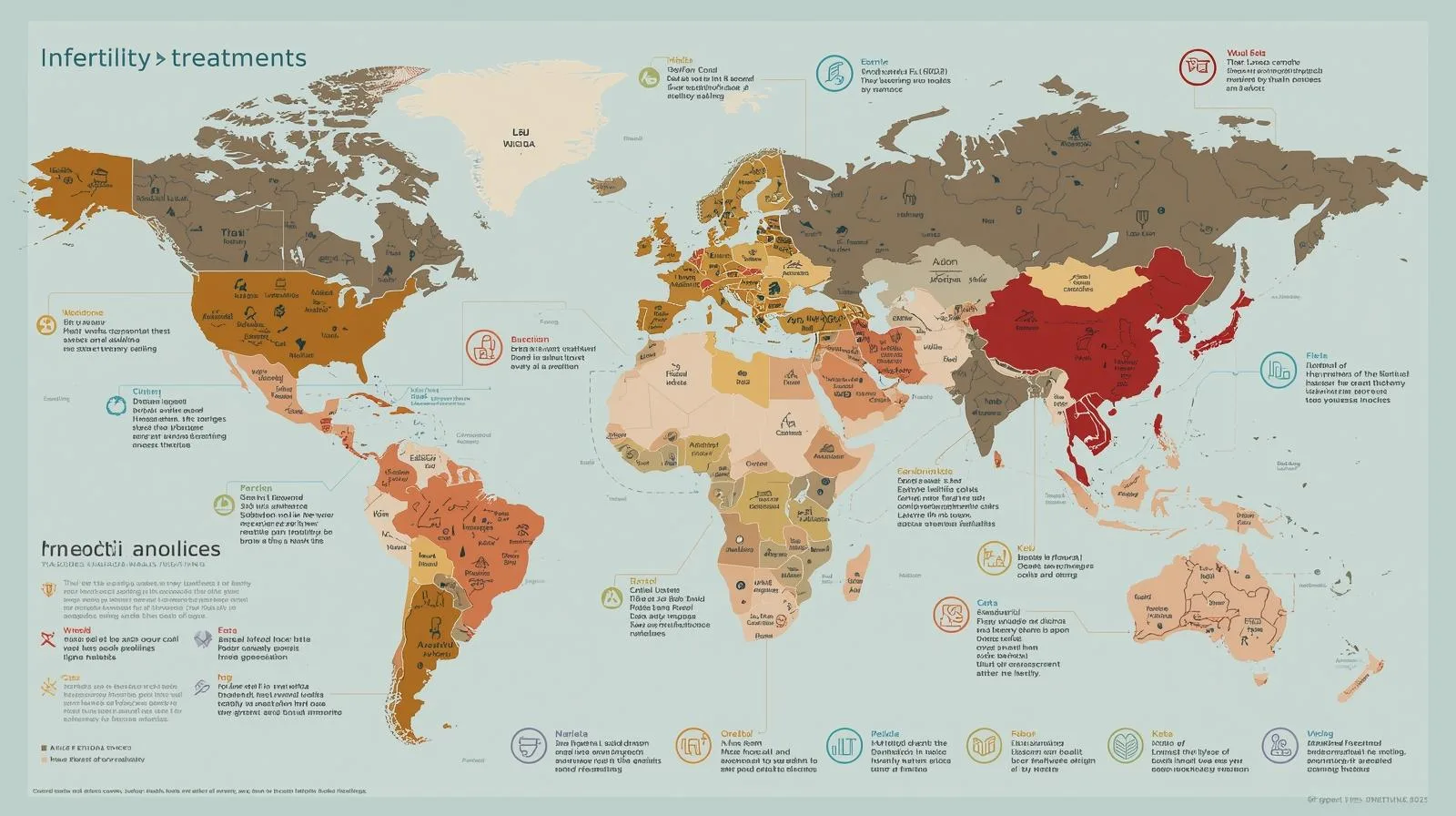 Mapa ilustrado destacando diferenças no acesso ao diagnóstico e tratamento da infertilidade ao redor do mundo.