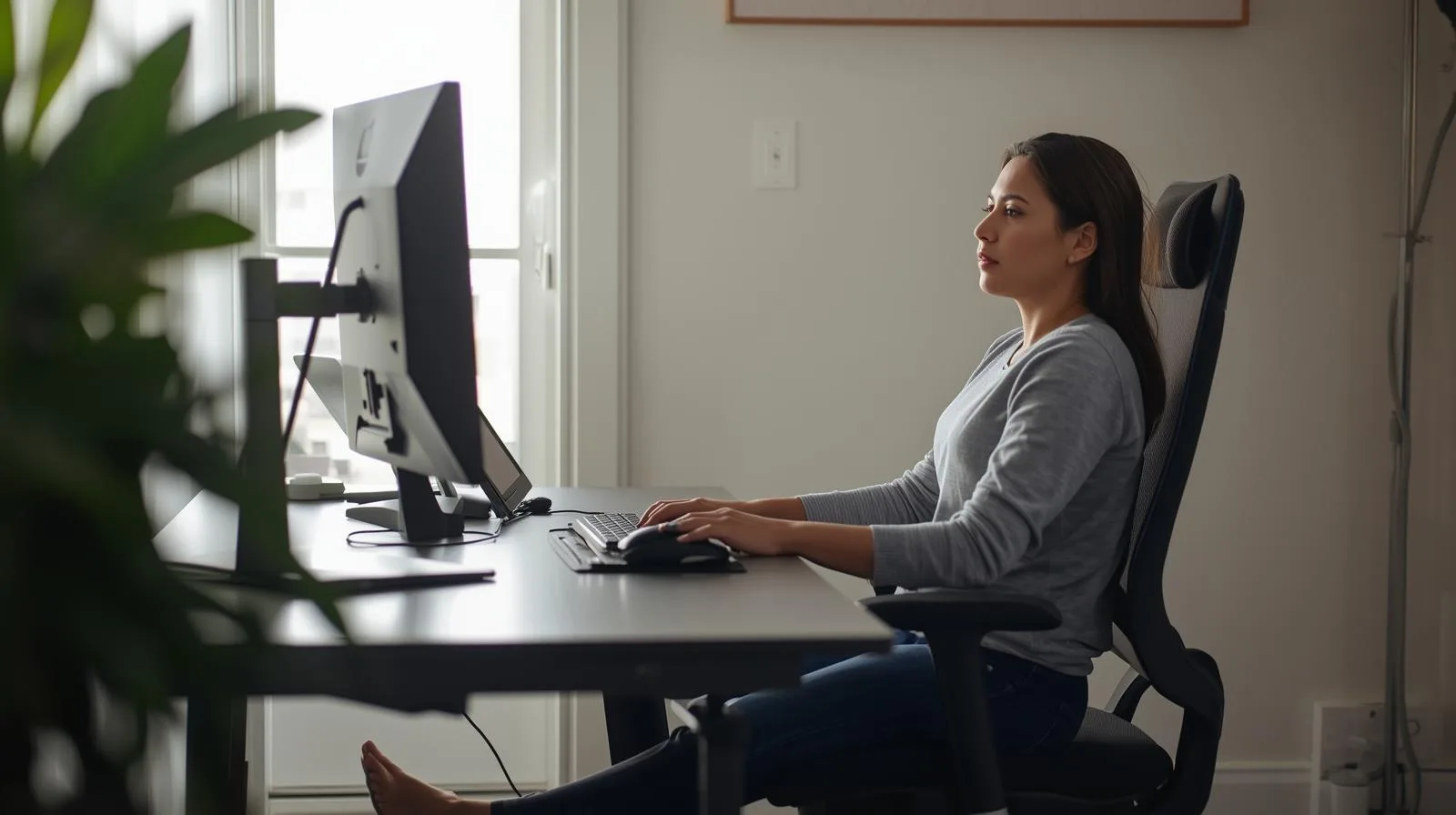 Moça trabalhando numa cadeira ergométrica ideal para Home Office