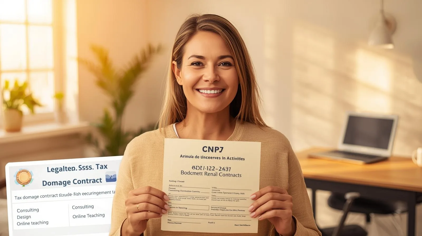 Mulher adulta segurando um documento impresso com o CNPJ