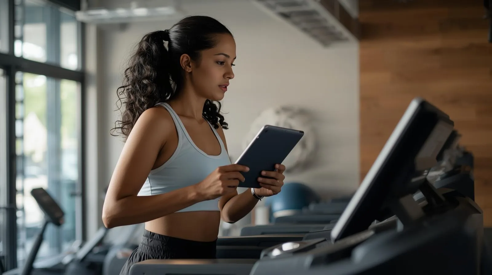 Uma jovem mulher trabalhando no Tablet enquanto se exercita.