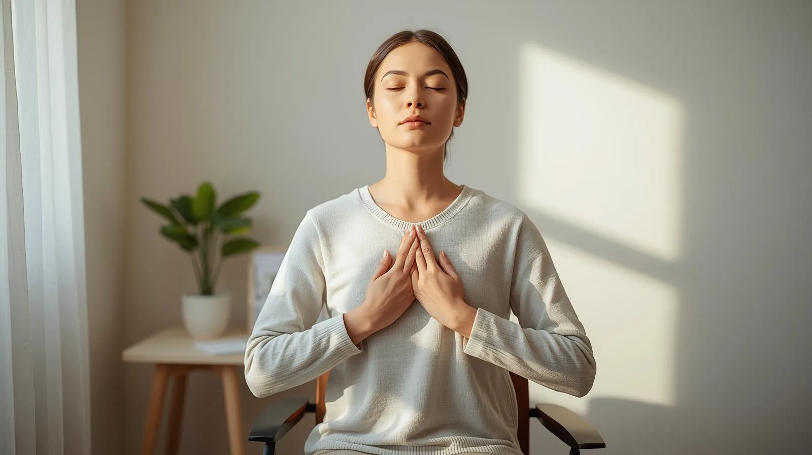 Pessoa sentada em mesa de home office com os olhos fechados, as mãos sobre o peito e o abdômen, em um momento de pausa e autocuidado.