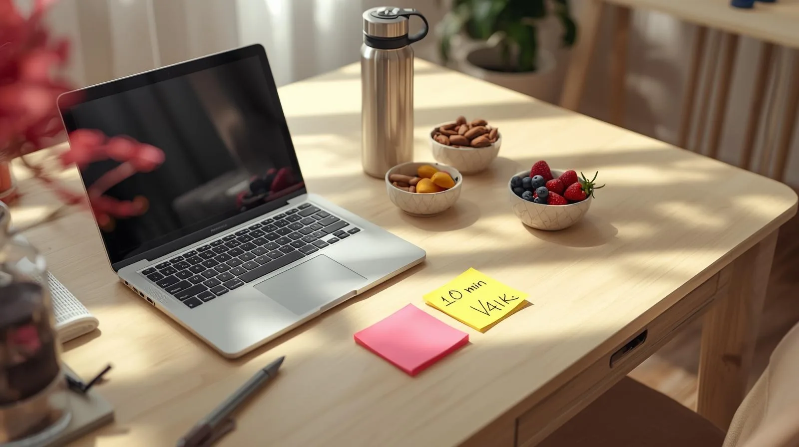 Ambiente de trabalho Home Office com alimentos saudáveis.