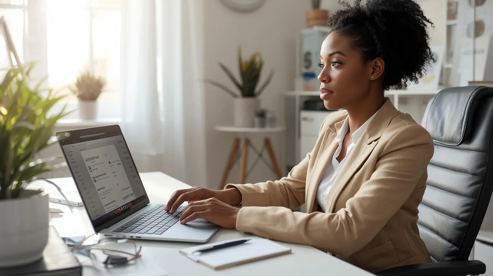 Profissional analisando vagas de home office em um ambiente limpo e organizado, simbolizando o início da jornada profissional em 2026.