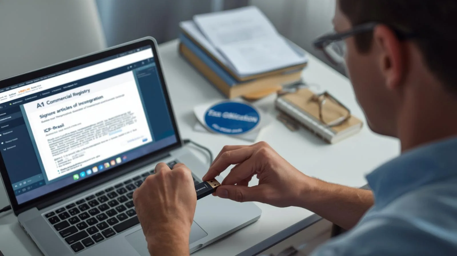 Rapaz ativando certificado digital em seu notebook.