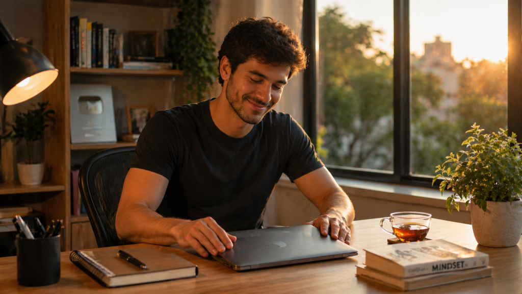 homem fechando notebook representando limite entre trabalho e vida pessoal no home office | Crédito: Portal Vou De Home