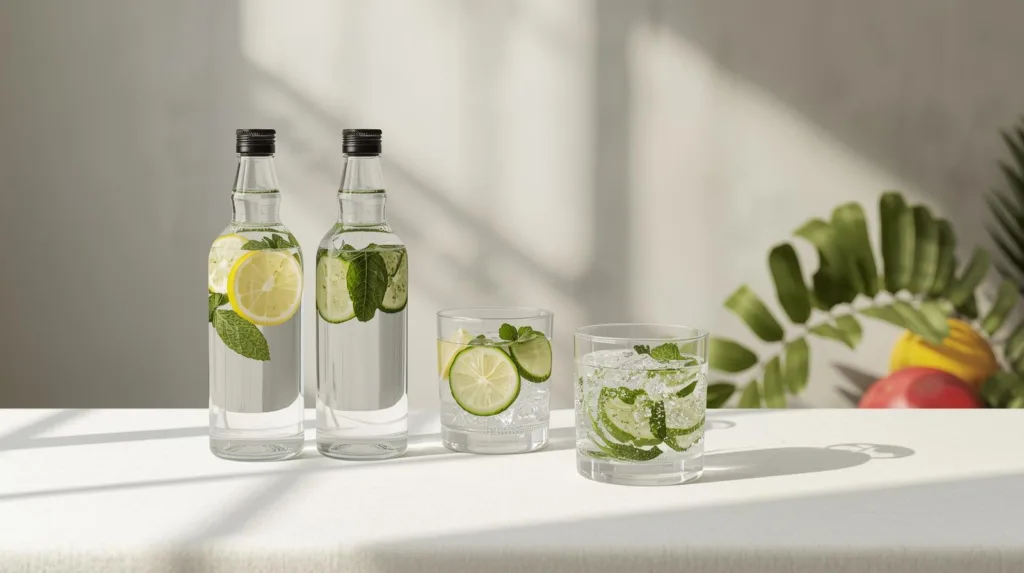 três garrafas de vidro com água e 2 copos cheios e gelo, limão, pepino e hortelã