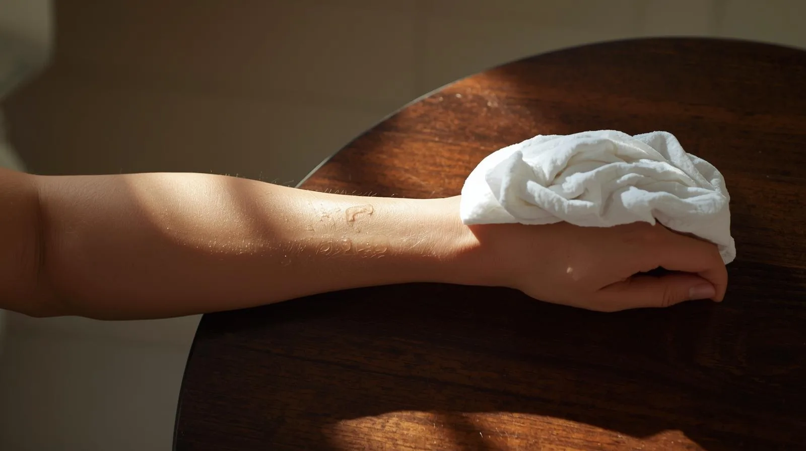 Compressas de pano com água morna aplicadas nos pulsos e testa para aliviar sintomas de choque térmico leve.