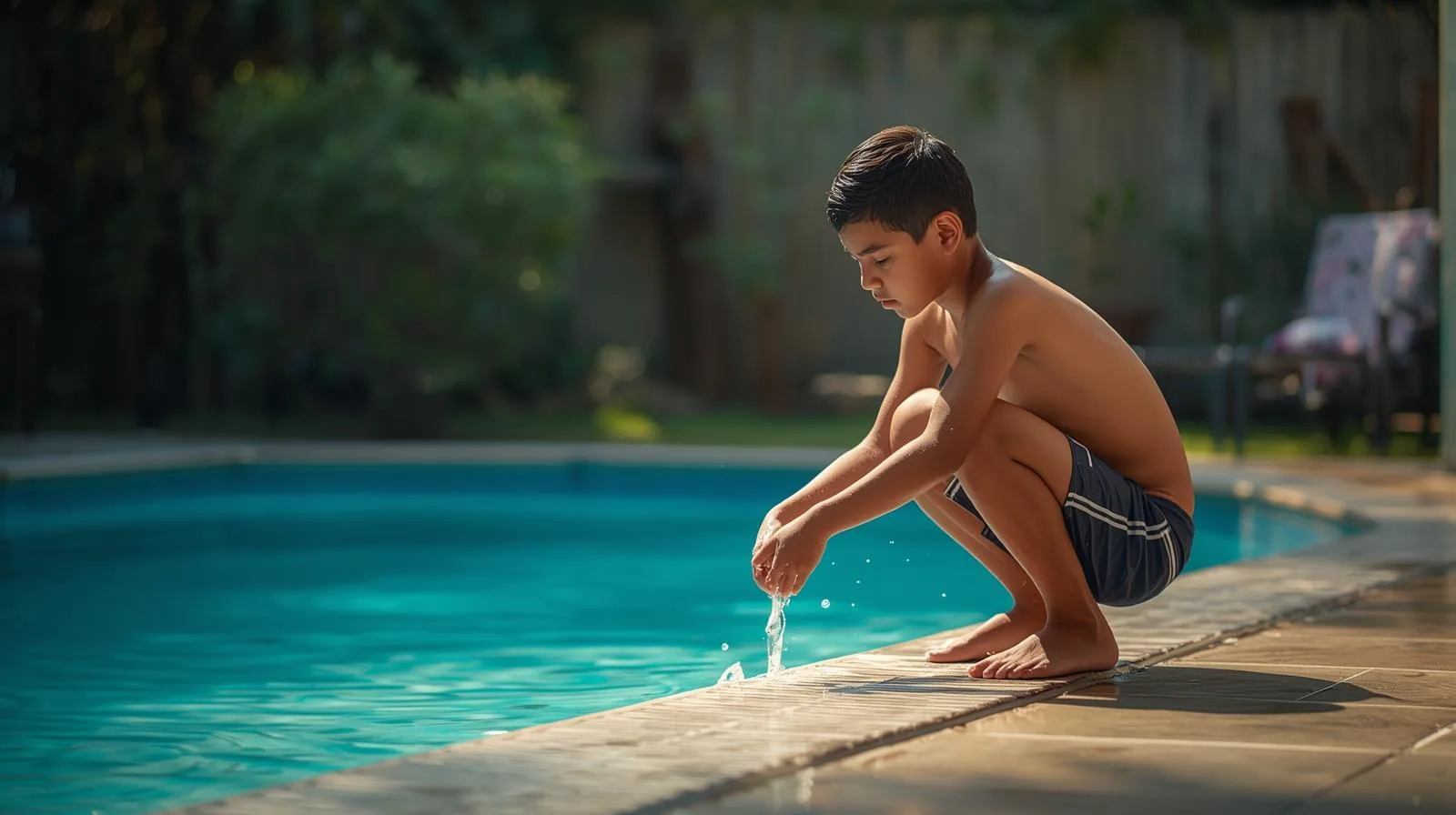 Criança se molhando aos poucos nas pernas e braços antes de entrar na piscina, em quintal brasileiro no verão.