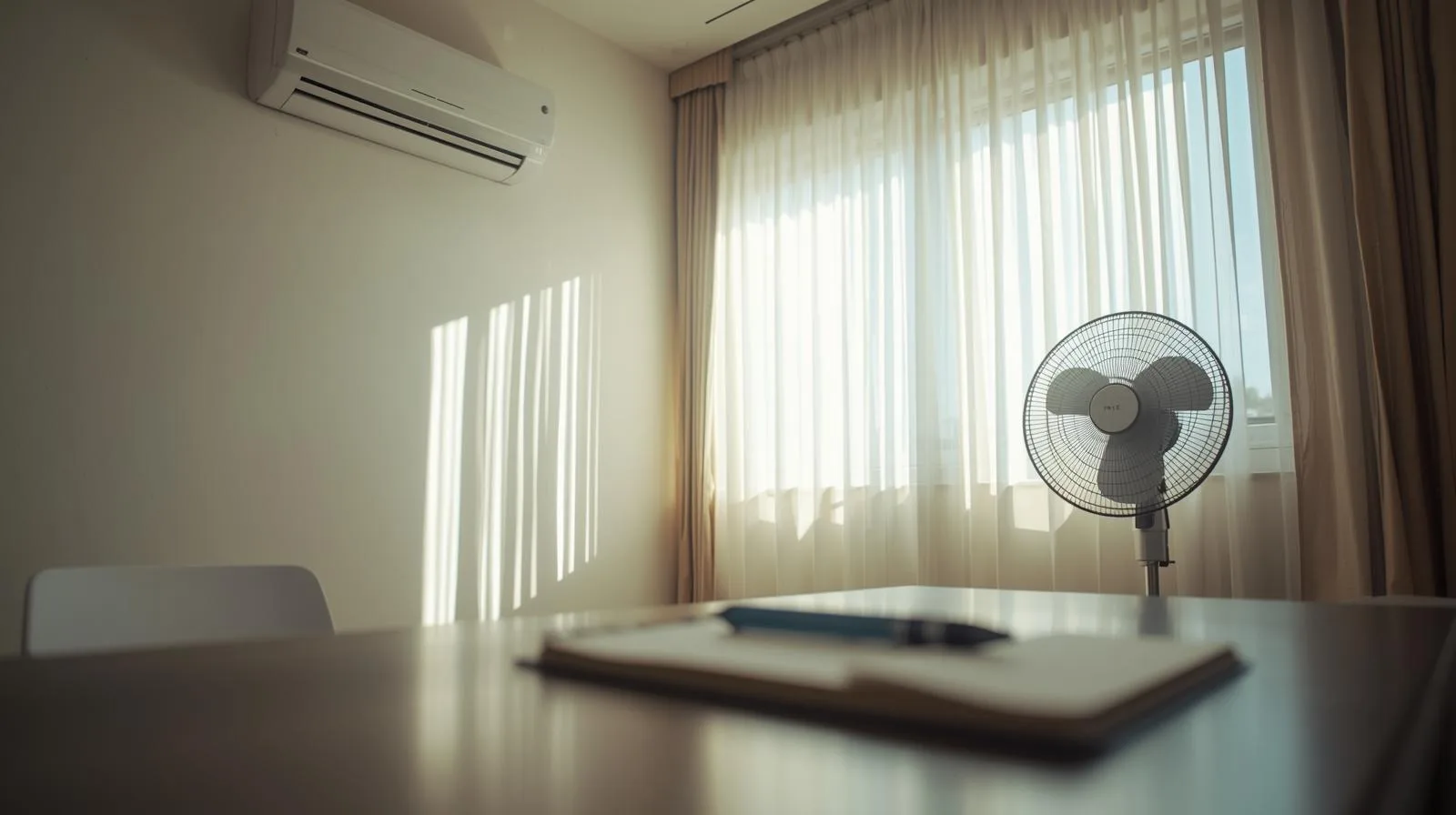 Janela de home office com cortina clara parcialmente fechada, planta no parapeito e parte de uma mesa de trabalho visível, em dia ensolarado de verão.