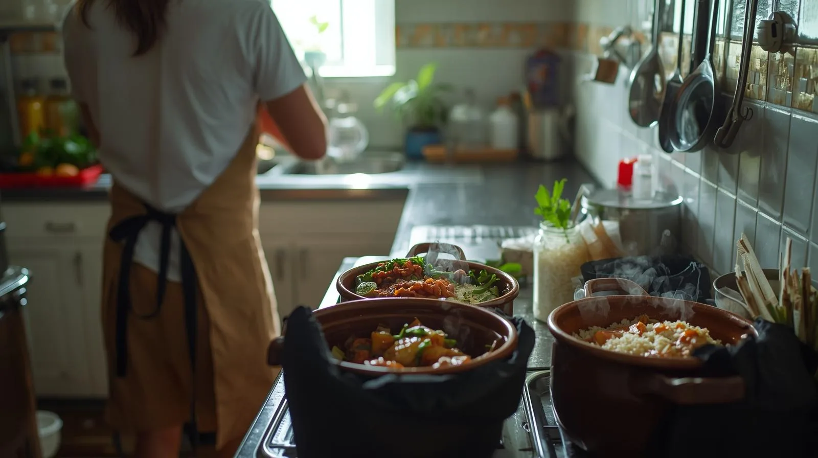 Pessoa de costas preparando marmitas para delivery em uma cozinha residencial brasileira, com panelas de arroz, feijão e frango grelhado sobre o fogão.