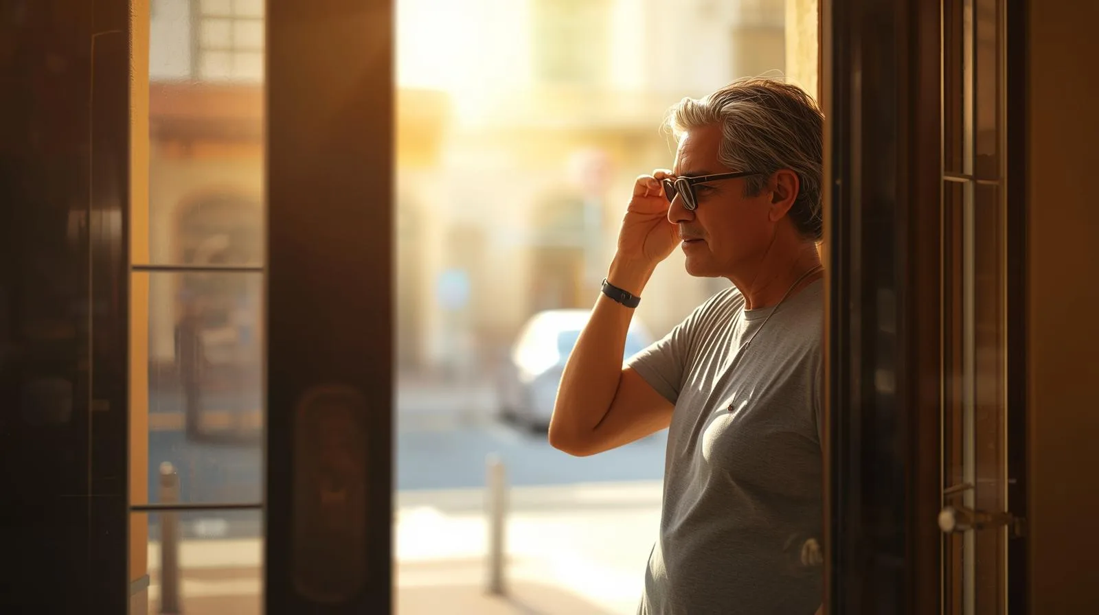Pessoa parando na entrada de prédio climatizado antes de entrar no calor da rua, em dia ensolarado de verão.