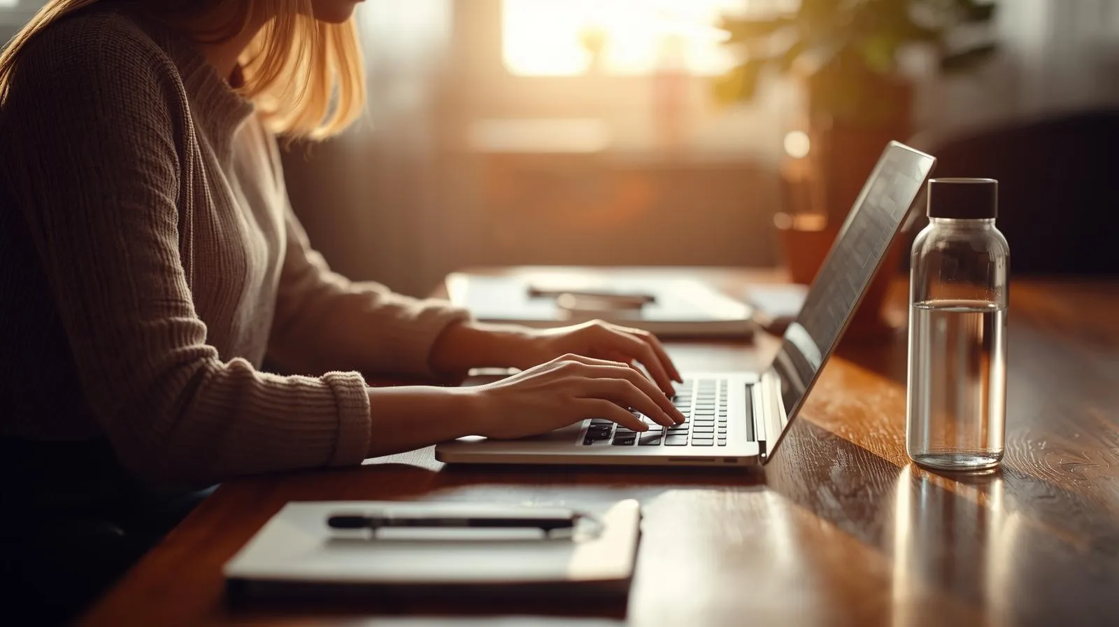 Profissional brasileiro trabalhando em notebook em home office organizado com luz natural, caderno e garrafa d’água sobre a mesa.