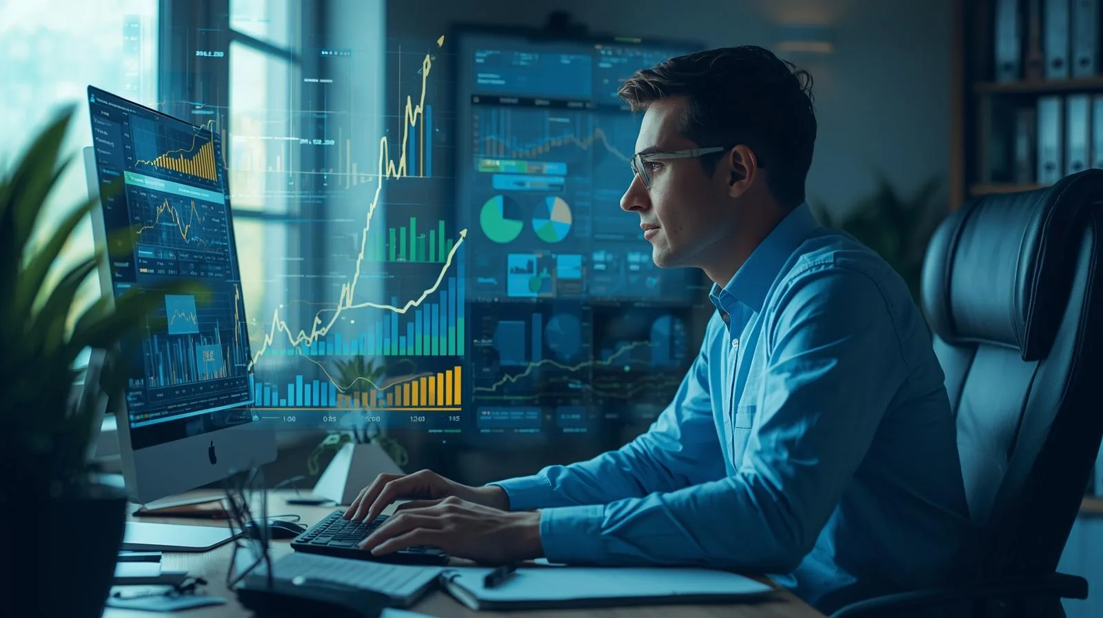 Profissional em home office com gráficos de economia simbolizando a isenção do Imposto de Renda. (1)