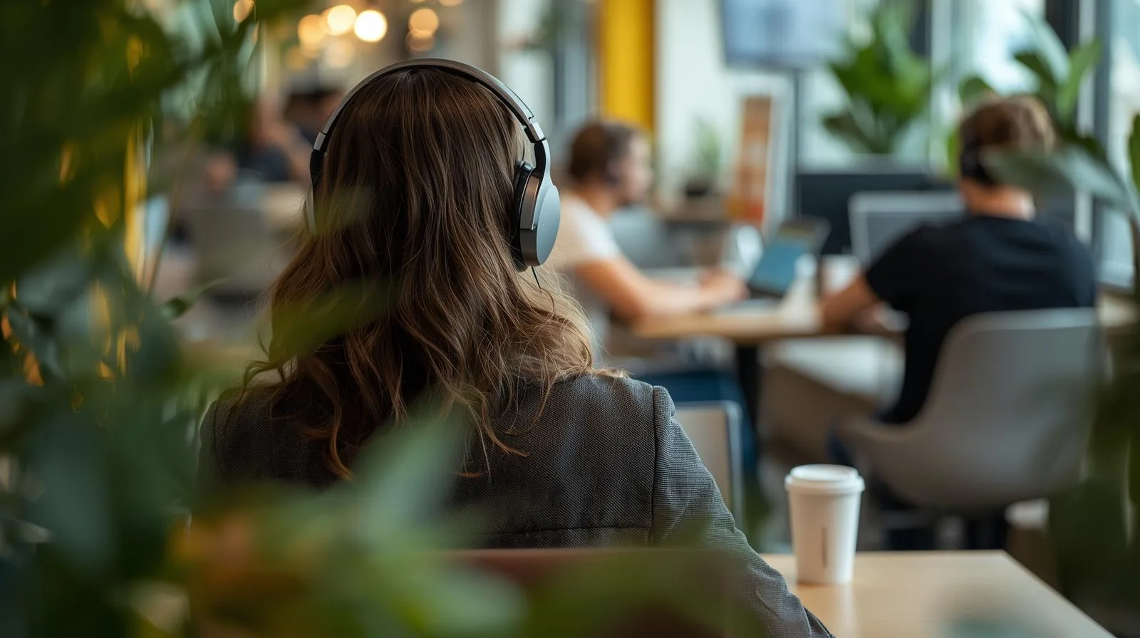 Profissional trabalhando em espaço de coworking brasileiro com fone de ouvido e notebook, em ambiente colaborativo e arejado.
