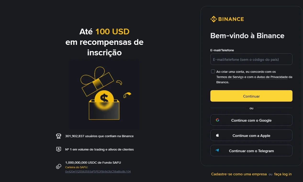 Tela de cadastro de pessoa física na Binance
