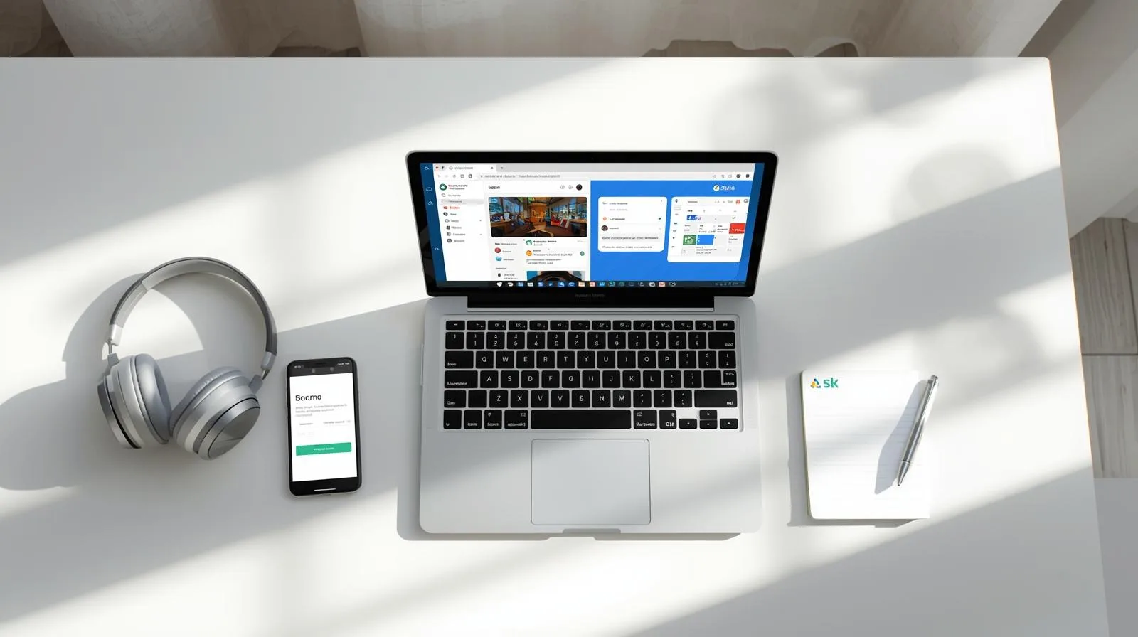 Tela de notebook com ferramentas de trabalho remoto abertas — Google Meet, Trello e Slack — ao lado de fone e caderno.