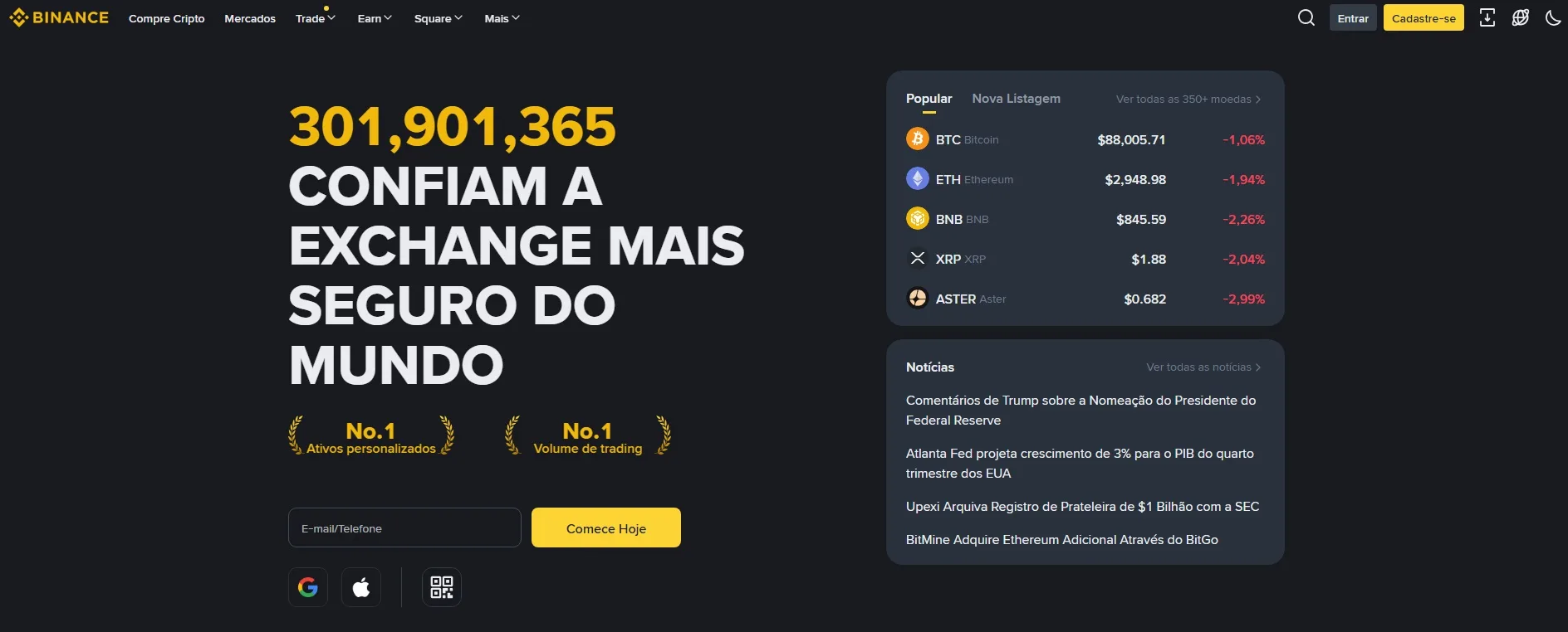 Tela inicial do site da Binance