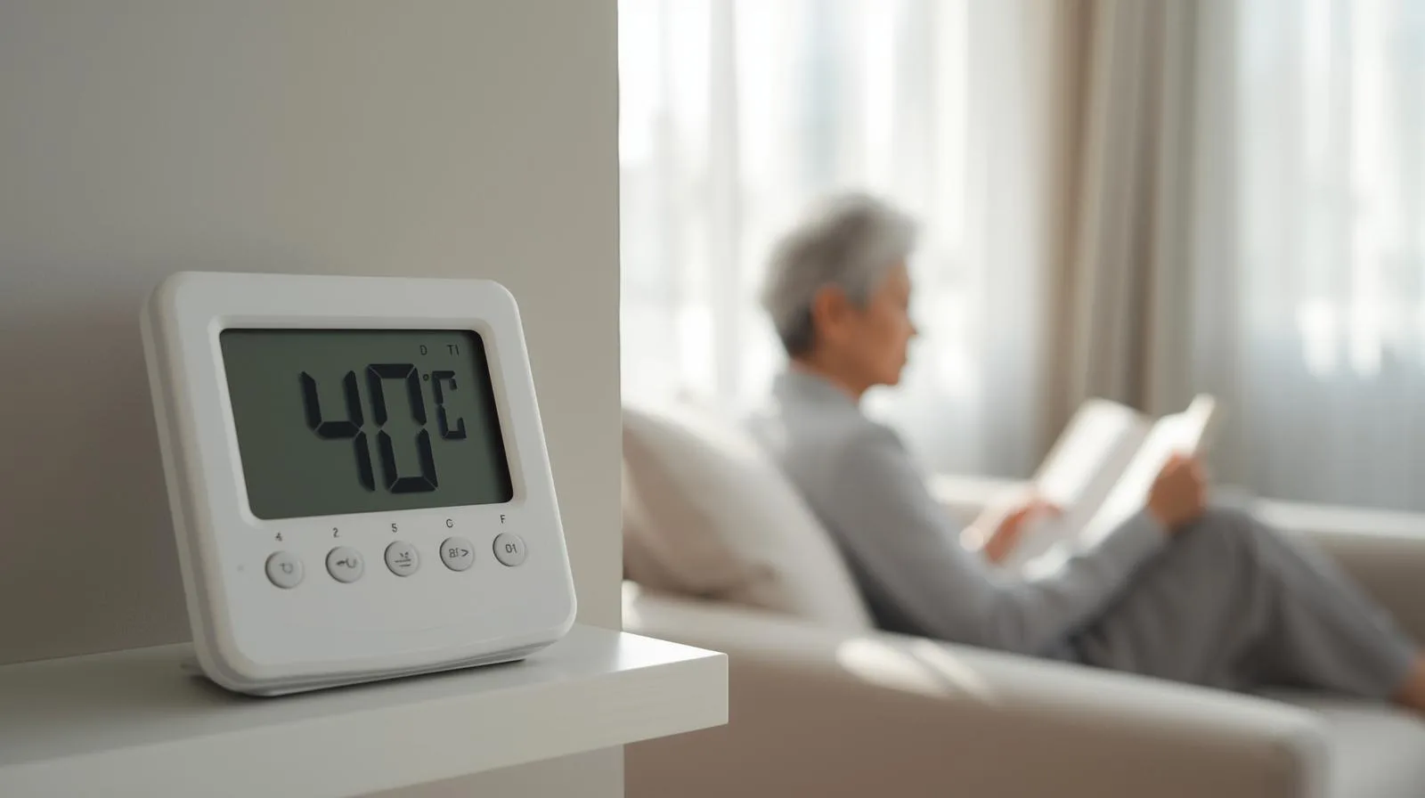 Termômetro de ambiente marcando 24 graus em sala onde idosa descansa.