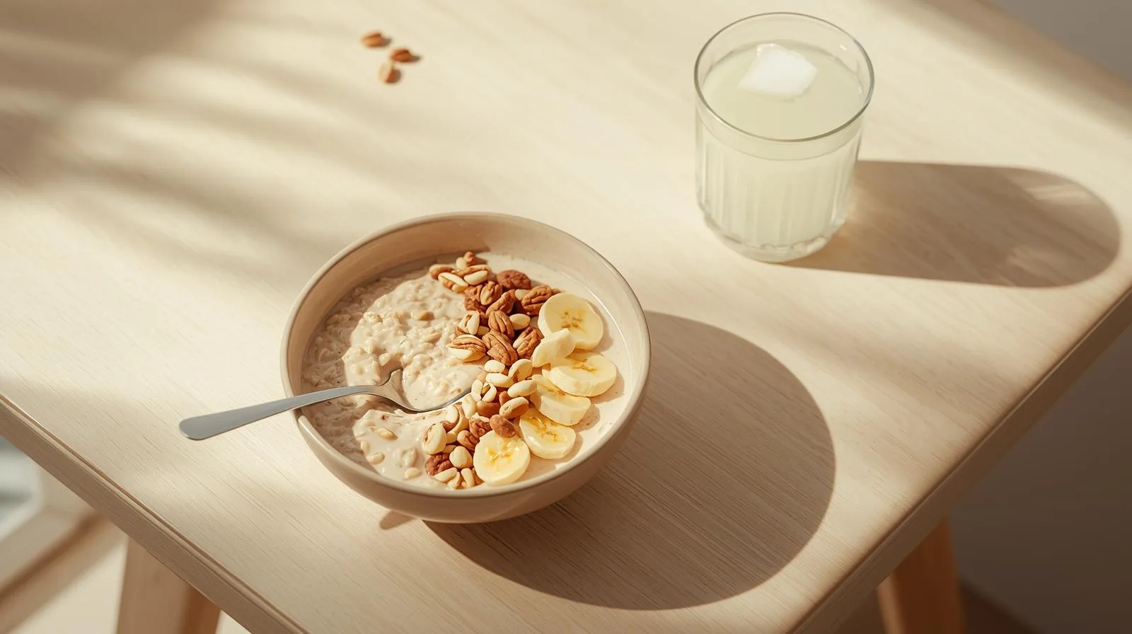 Tigela com aveia e banana copo com agua de coco