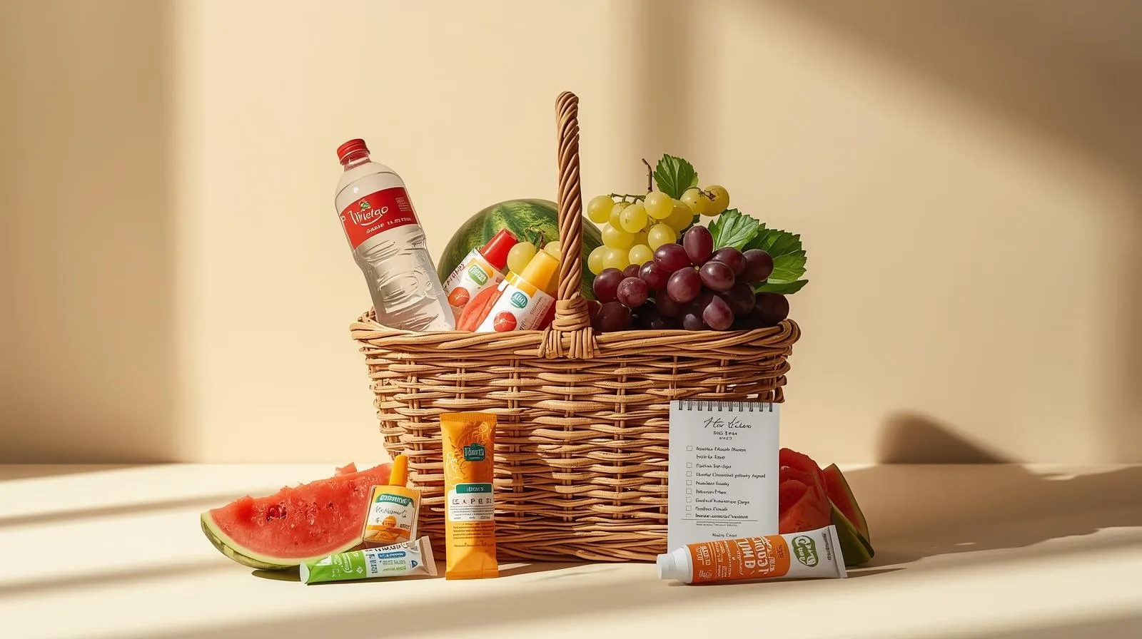 cesta de vime com garrafa de água, frutas frescas