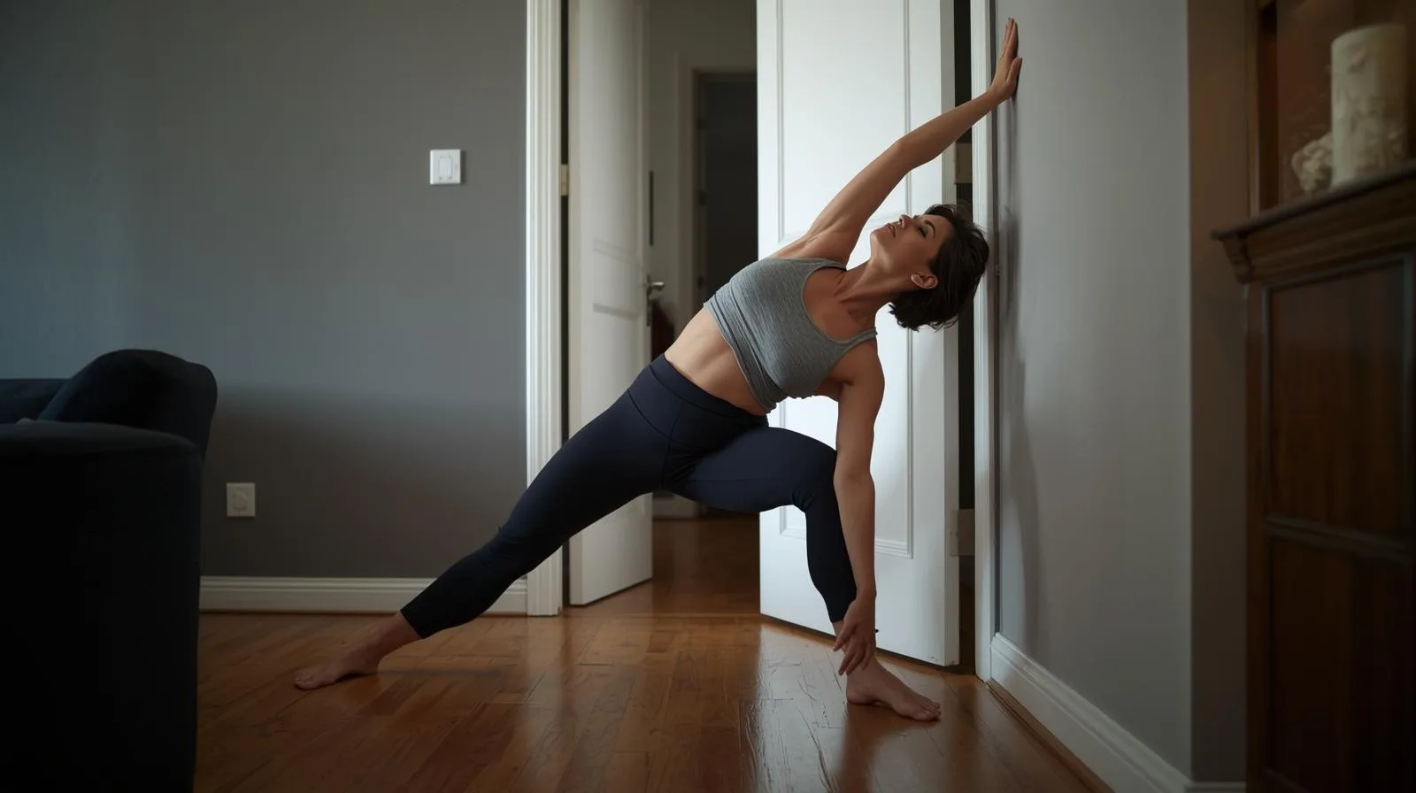 Alongar o peito após horas sentado reequilibra sua postura e prepara o corpo para respirar com mais profundidade.