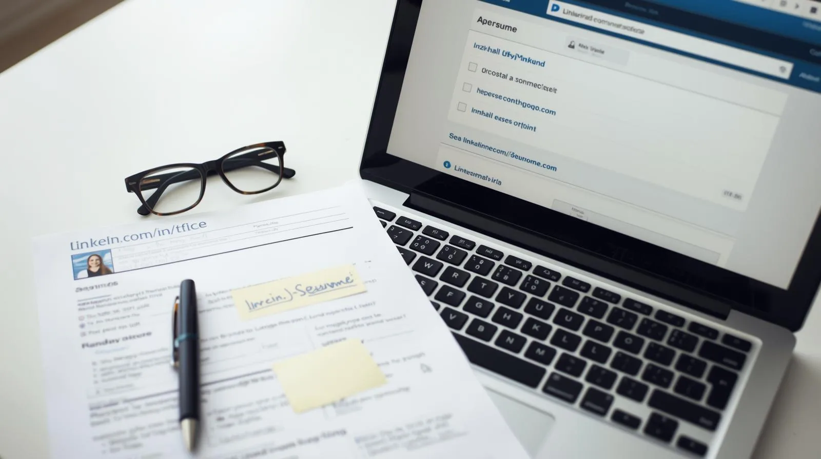 Currículo impresso com URL personalizada do LinkedIn anotada à mão, ao lado de tela de configuração da URL personalizada.