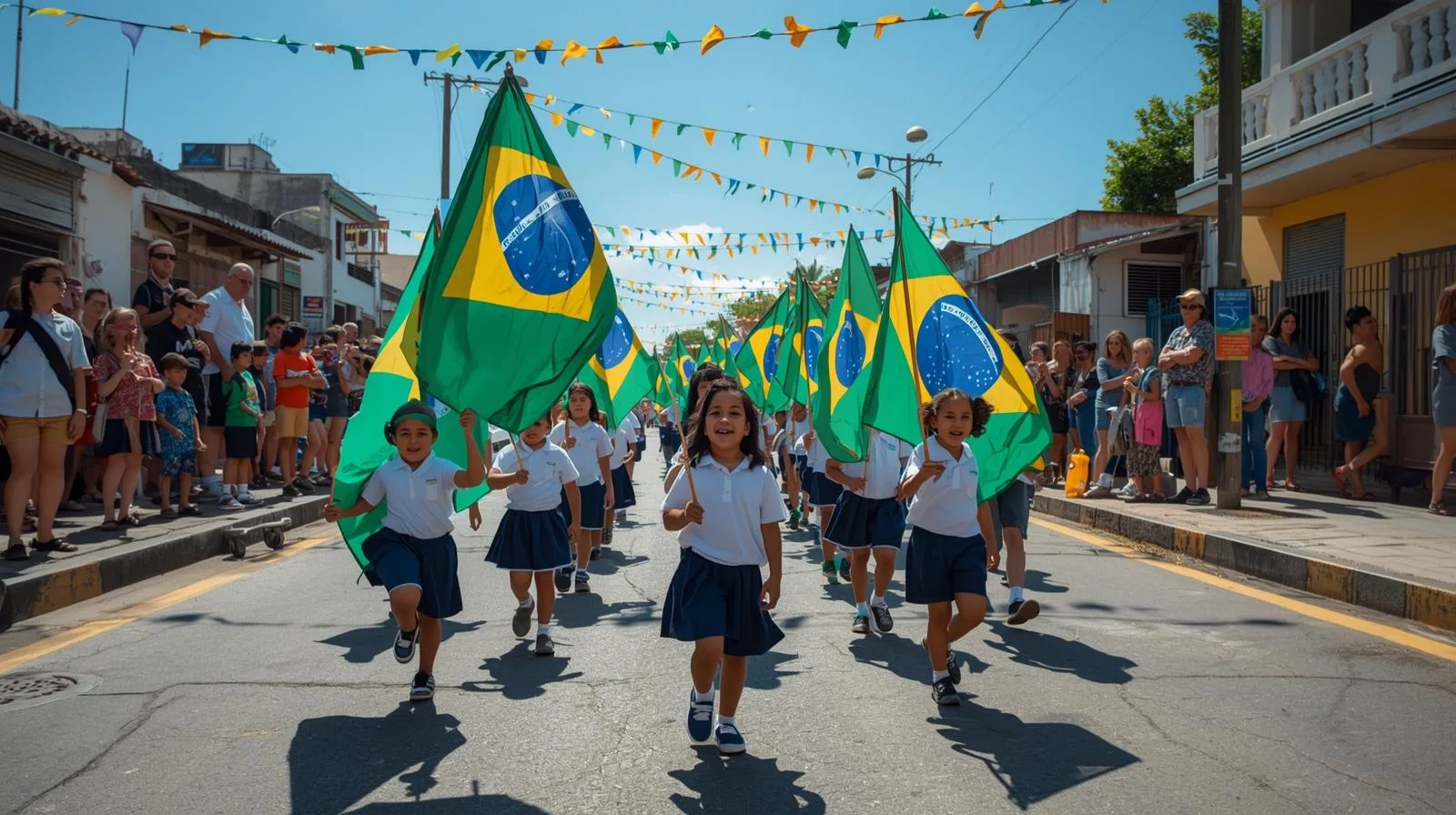 Desfile cívico do Dia da Independência em cidade brasileira, com crianças portando bandeiras do Brasil em evento comunitário.