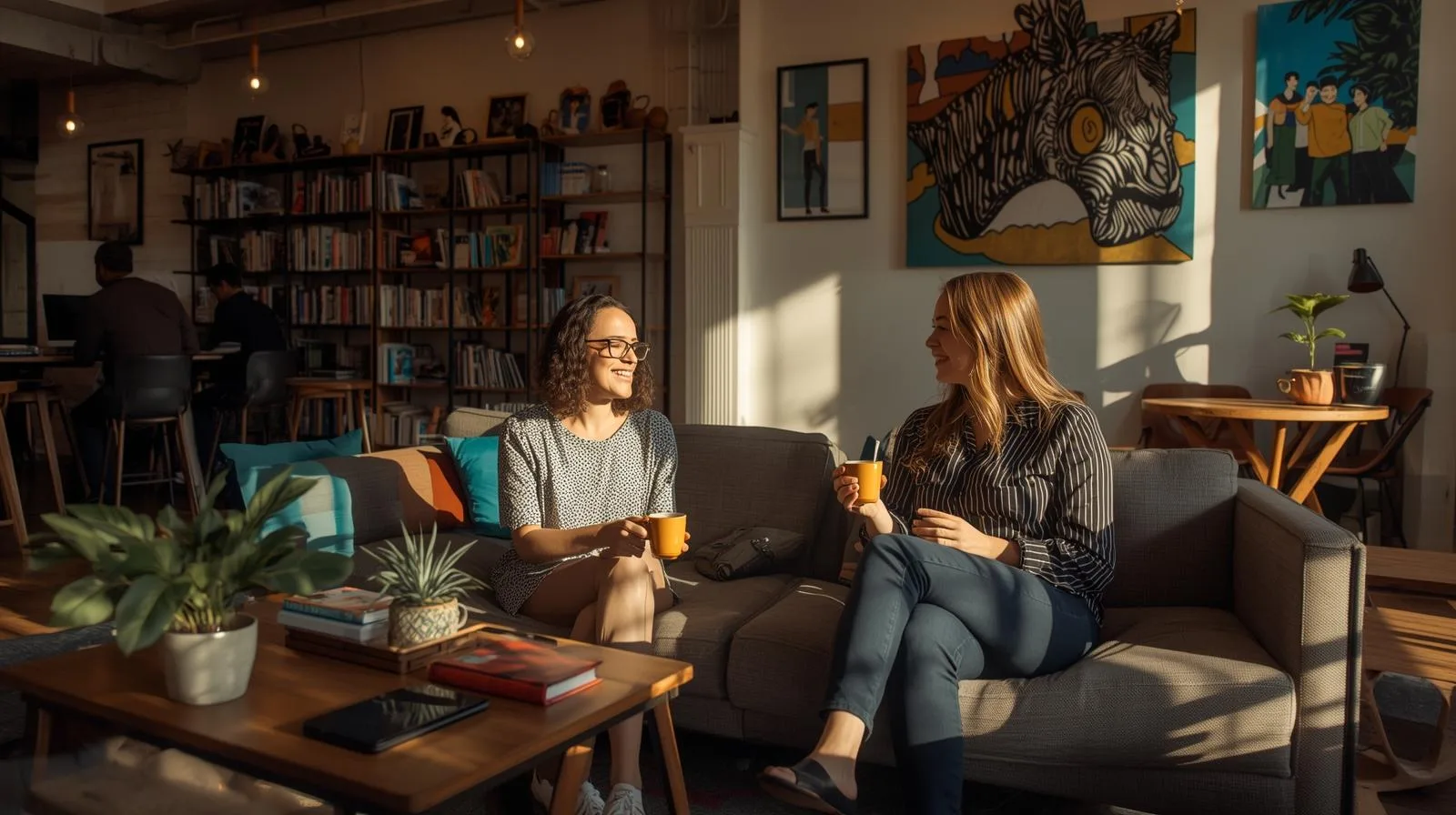 Dois profissionais conversando durante pausa para café em área de convivência de coworking no Brasil.