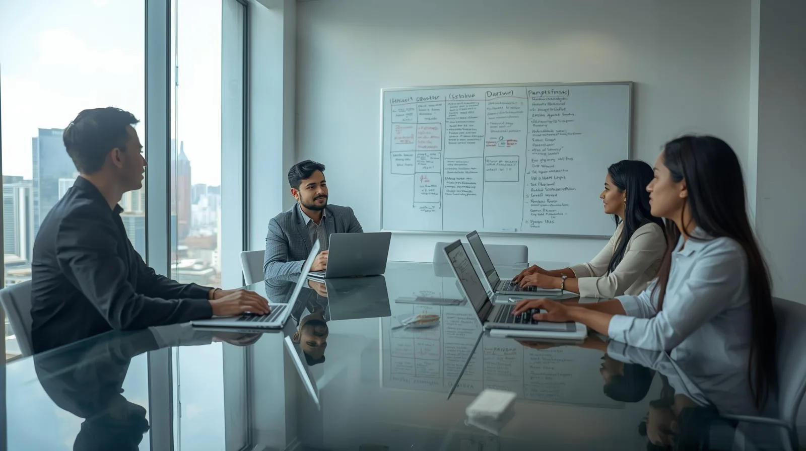 Equipe diversa em reunião produtiva dentro de sala de reunião moderna em coworking brasileiro.