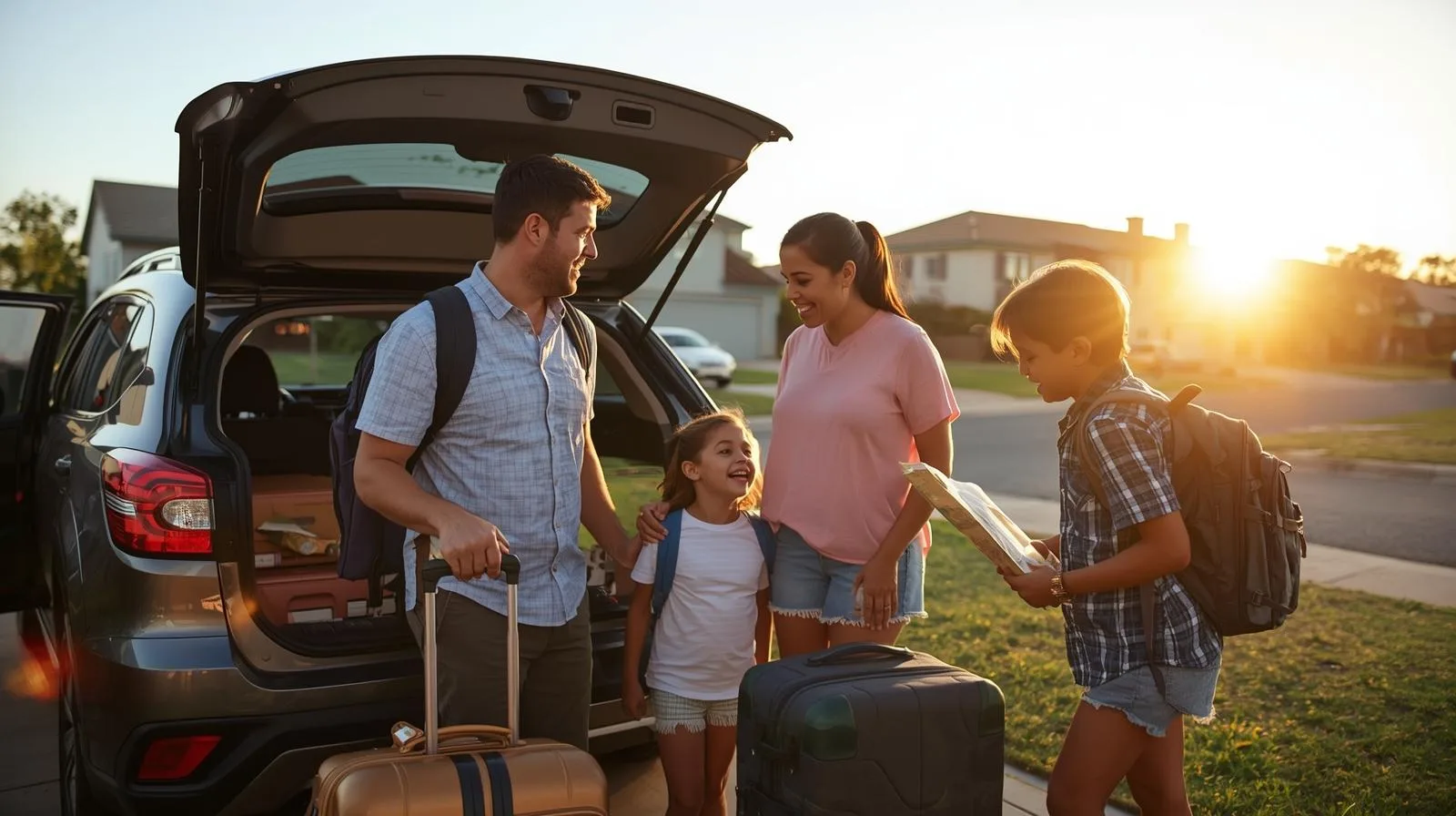 Família brasileira se preparando para viagem de carro, com malas no porta-malas e crianças animadas em manhã ensolarada.