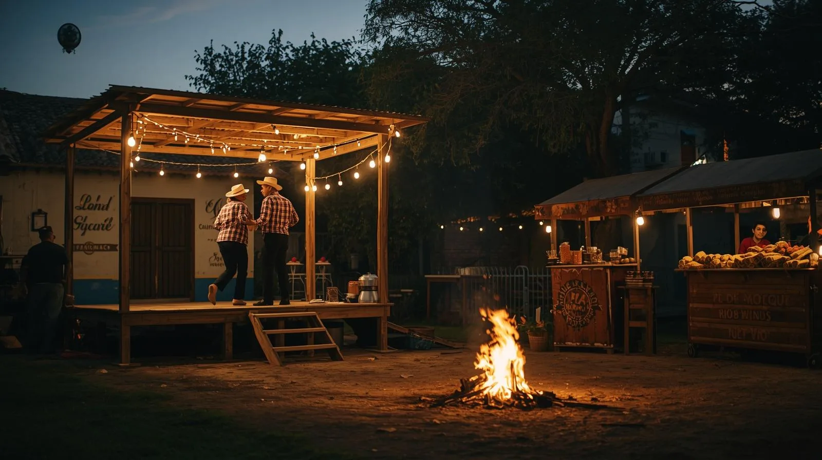 Festa Junina comunitária no Brasil com quadrilha, barracas de comidas típicas e decoração rústica iluminada à noite.