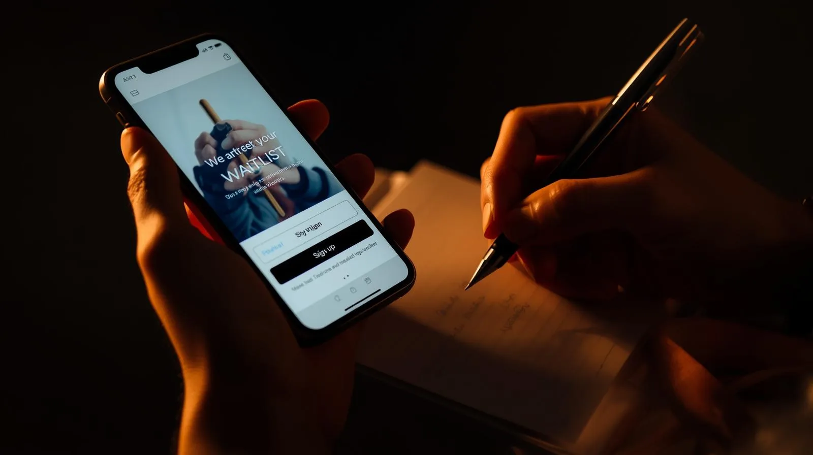 Mãos testando página de pré-lançamento com formulário de e-mail, em processo de validação de ideia sem revelar texto legível.