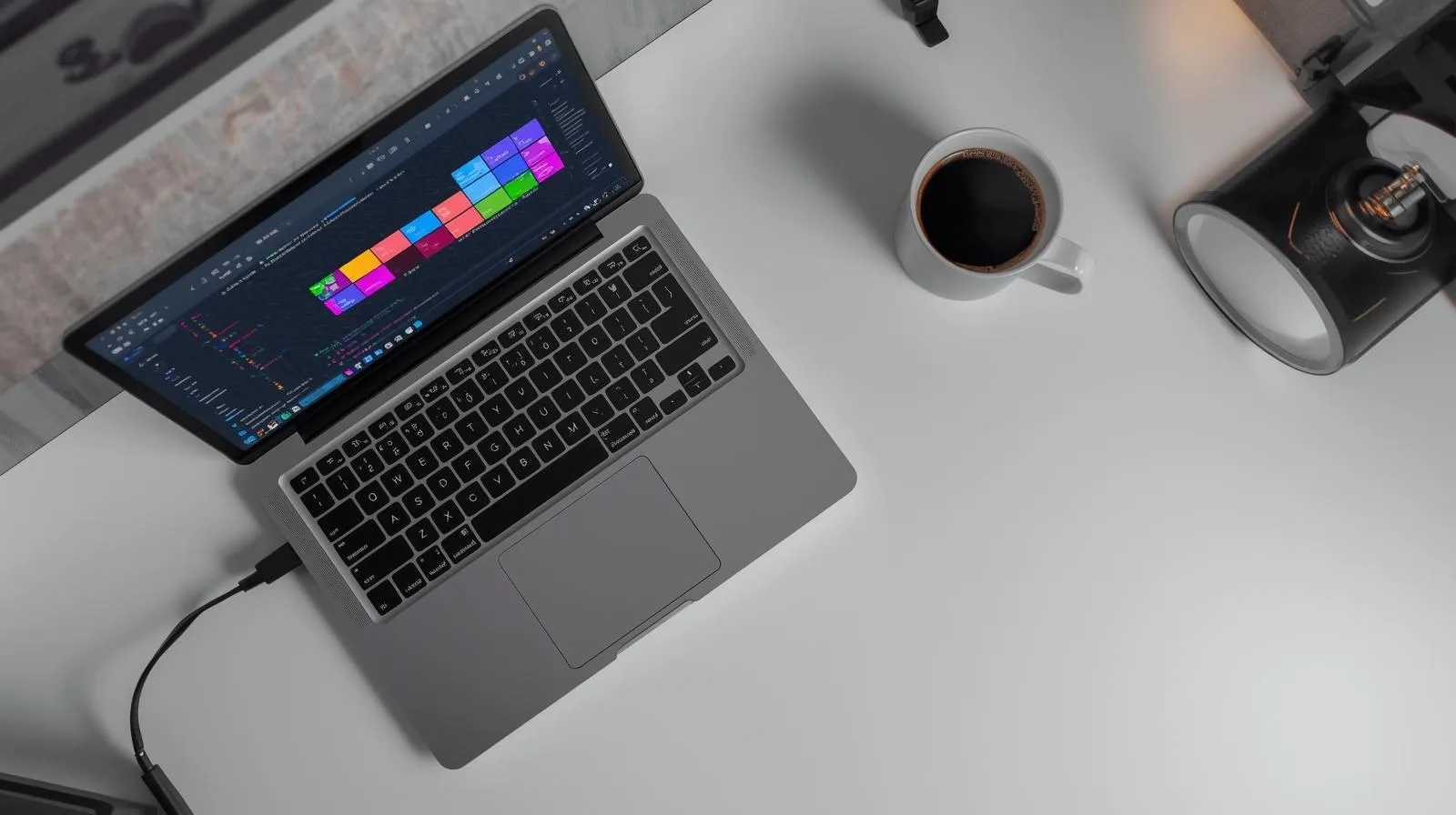 Mesa com laptop exibindo interface visual de ferramenta no-code, representando construção de software sem programação tradicional.