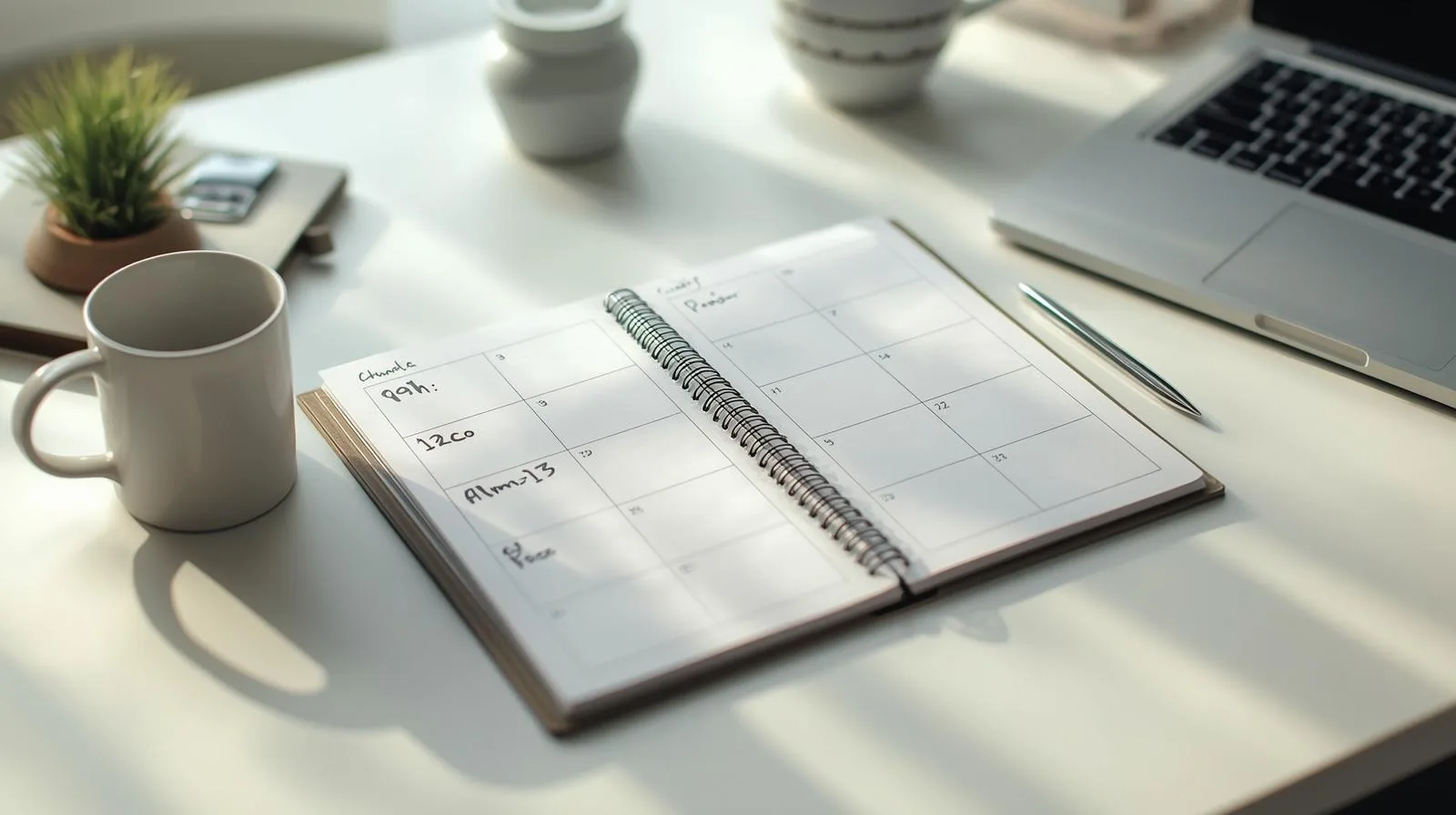 Mesa de home office com planner aberto mostrando horários estruturados de foco, refeições e pausas para o dia.