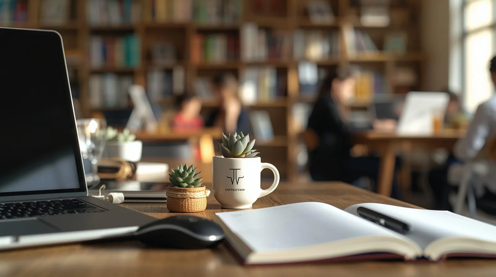 Mesa dedicada em coworking com notebook, planta e caneca, simbolizando espaço pessoal dentro de ambiente compartilhado.