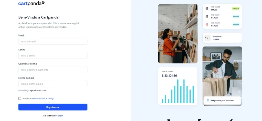 Pagina de cadastro na Cartpanda, acesse: https://accounts.cartpanda.com/register
| Créditos: Portal Vou De Home