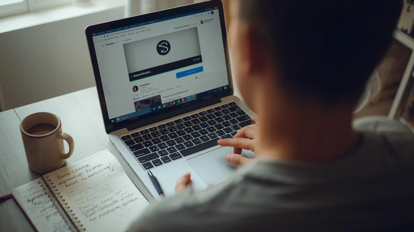 Pessoa estudando curso online em notebook em mesa de home office, com caderno de anotações e xícara de café ao lado.